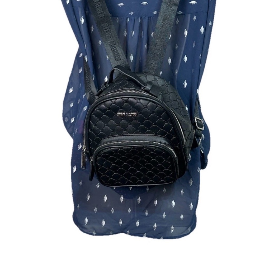 Steve Madden Mini Backpack Quilted Black Faux Leather Zip Pocket